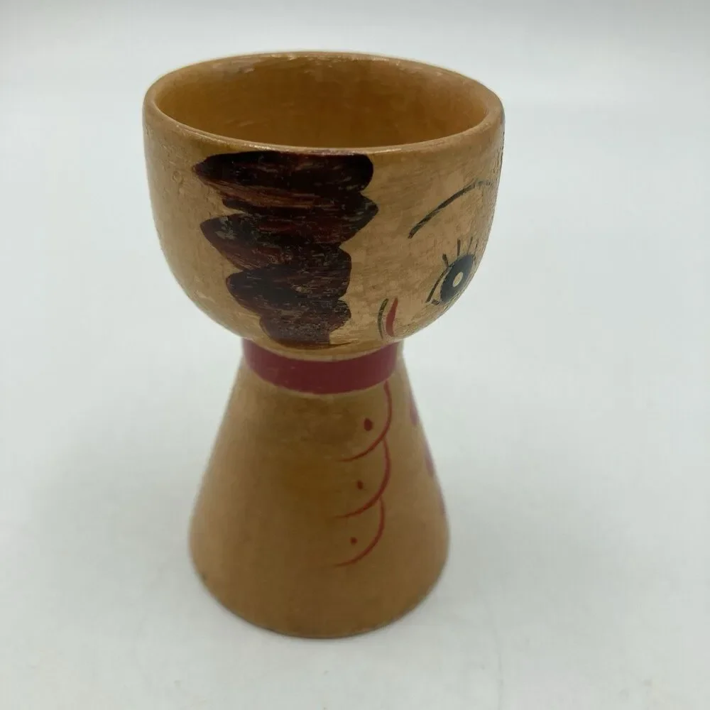 2 Vintage Wooden Japan Hand Painted Egg Cups His & Hers Mr & Mrs Folk Art Style
